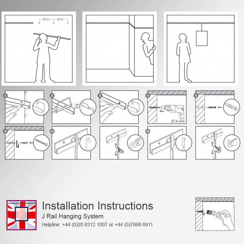 All-in-one' J Rail 2m Gallery System Kit, Heavy Duty Picture Hooks & Track Set (Wall Hanging)