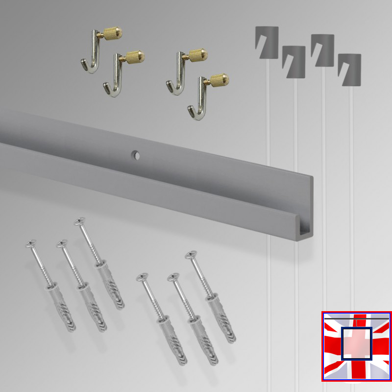 All-in-one' J Rail 2m Gallery System Kit, Heavy Duty Picture Hooks & Track Set (Wall Hanging)