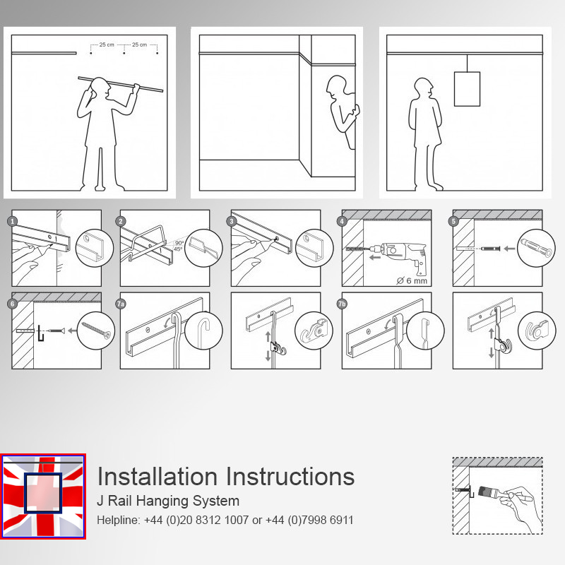Heavy Duty Track Set 'All-in-one' Gallery System Kit, Picture Hanging Rods & 3m J Rail (Wall Hanging)