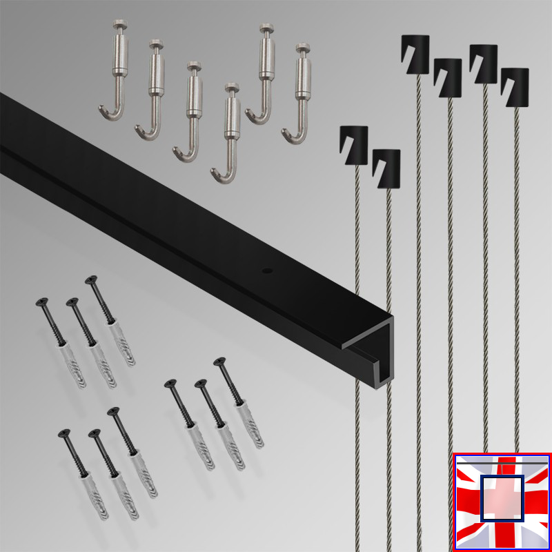 All-in-one' 3m C Rail Gallery System Set, Track Kit & Heavy Picture Hooks (Ceiling Hanging)