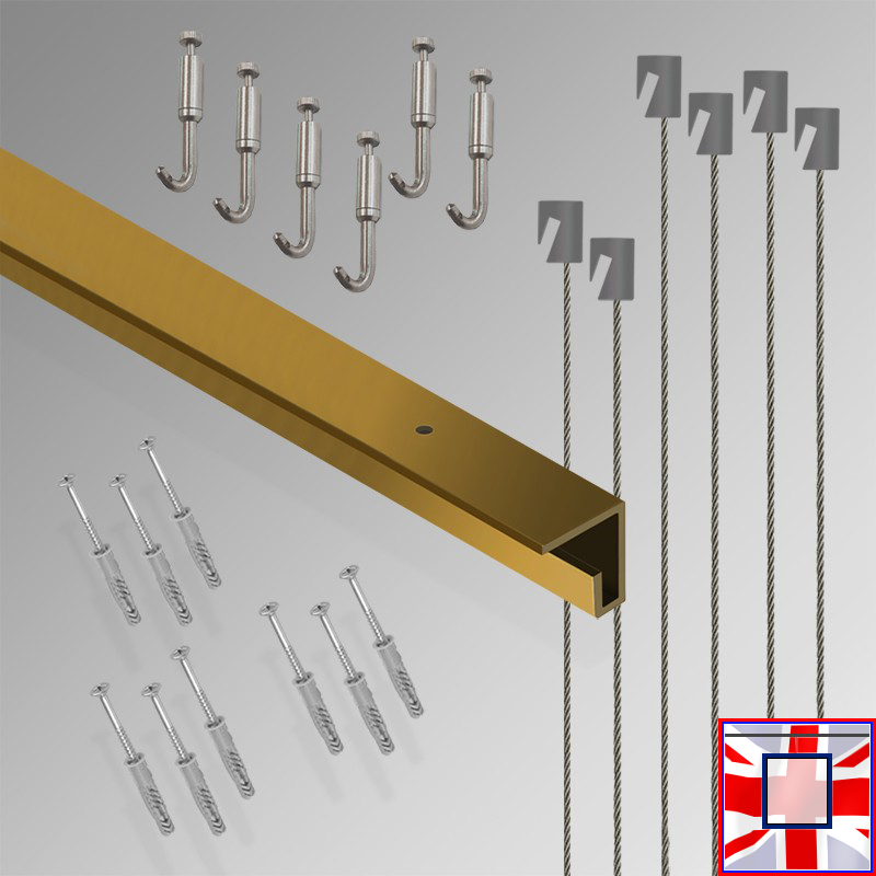 All-in-one' 3m C Rail Gallery System Set, Track Kit & Heavy Picture Hooks (Ceiling Hanging)