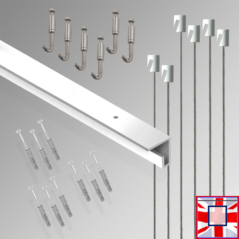 All-in-one' 3m C Rail Gallery System Set, Track Kit & Heavy Picture Hooks (Ceiling Hanging)