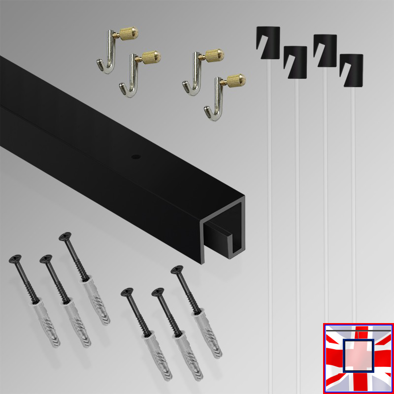 All-in-one' 2m P Rail Gallery Display Kit, Track System & Heavy Picture Hooks Set (Ceiling Hanging)