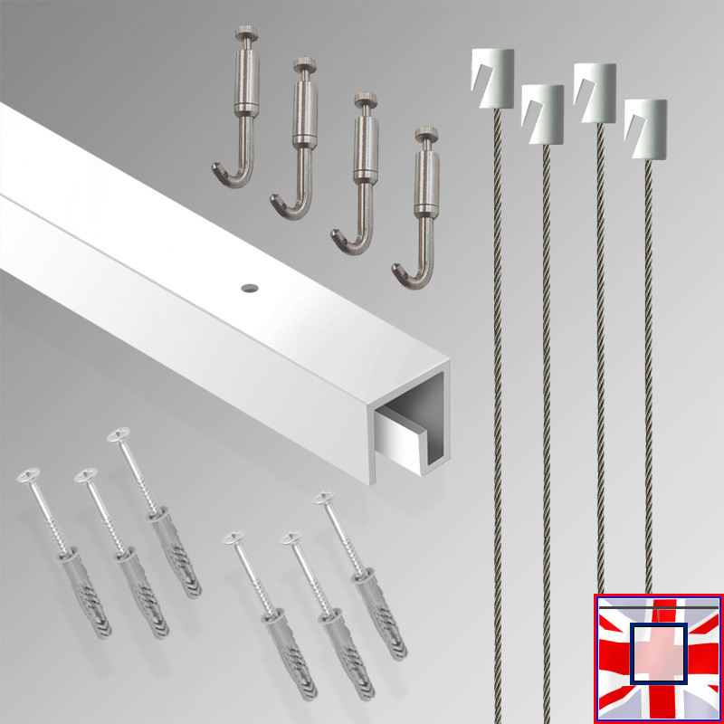 All-in-one' 2m P Rail Gallery Display Kit, Track System & Heavy Picture Hooks Set (Ceiling Hanging)