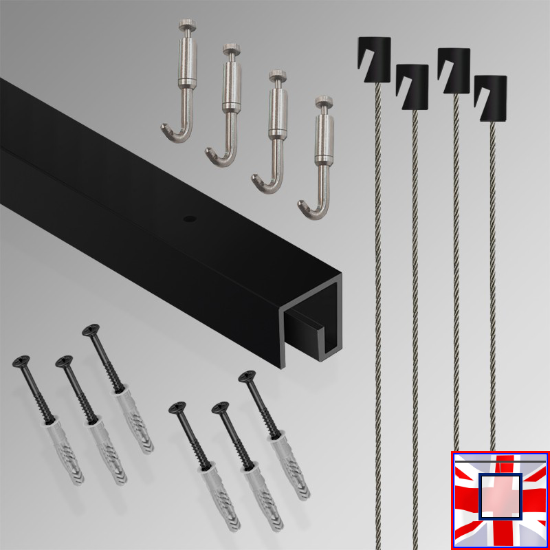 All-in-one' 2m P Rail Gallery Display Kit, Track System & Heavy Picture Hooks Set (Ceiling Hanging)