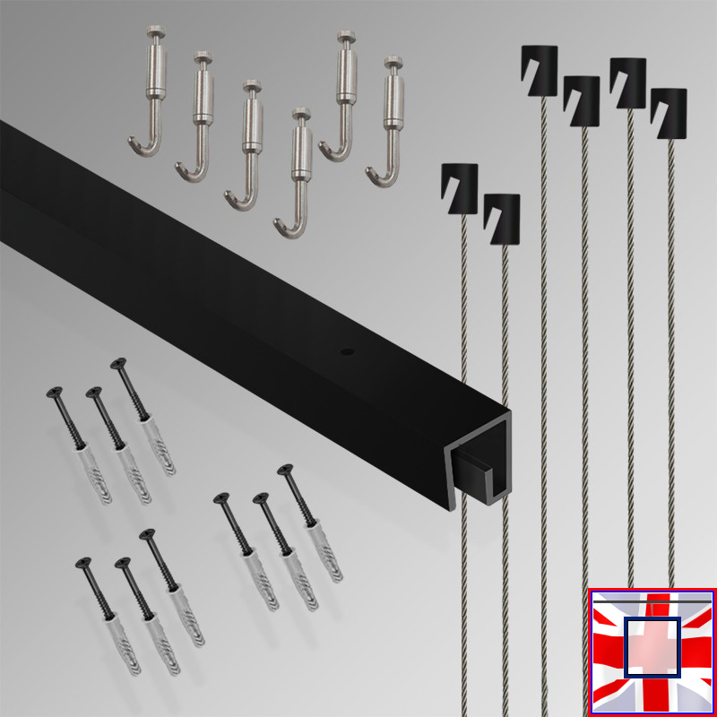All-in-one' 3m P Rail Gallery Display Set, Track System & Heavy Picture Hooks Kit (Ceiling Hanging)