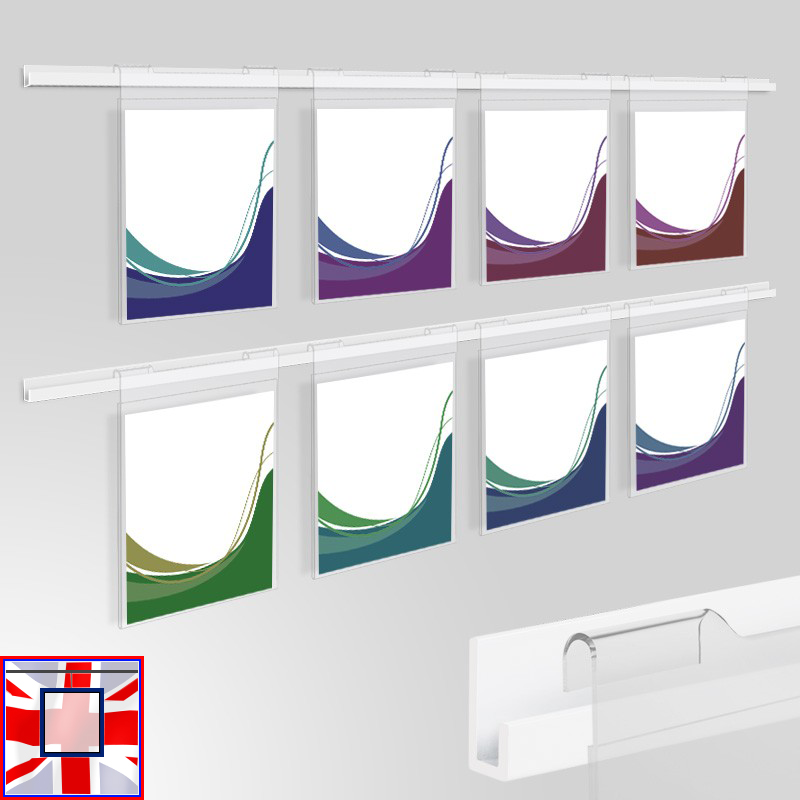 J Rail 2m Picture Rail Set, Acrylic Pockets & Poster Display Kit (Ideal for Retail Displays)