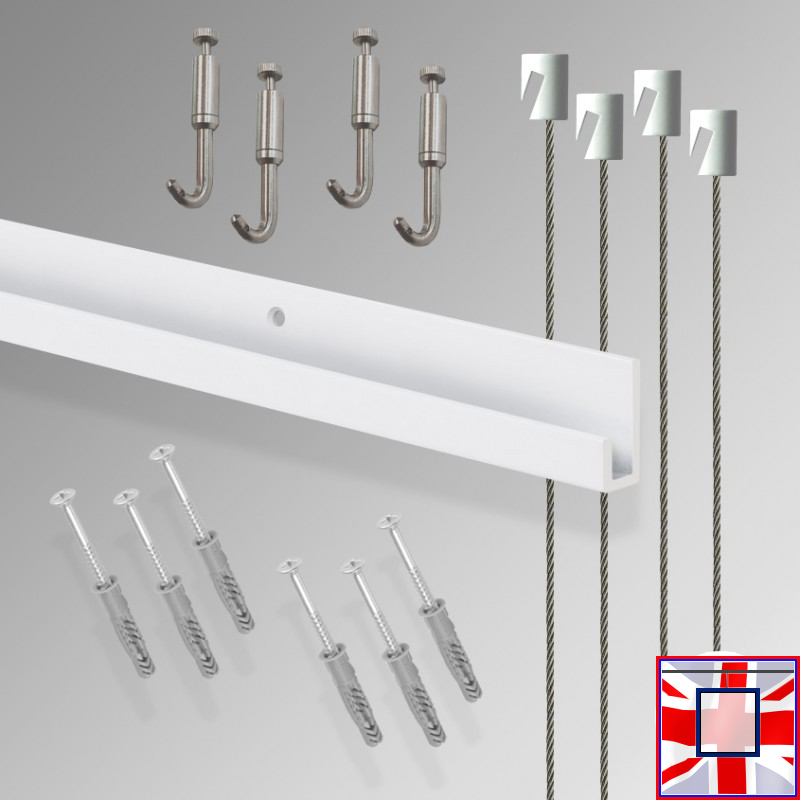All-in-one' J Rail 2m Gallery System Kit, Heavy Duty Picture Hooks & Track Set (Wall Hanging)