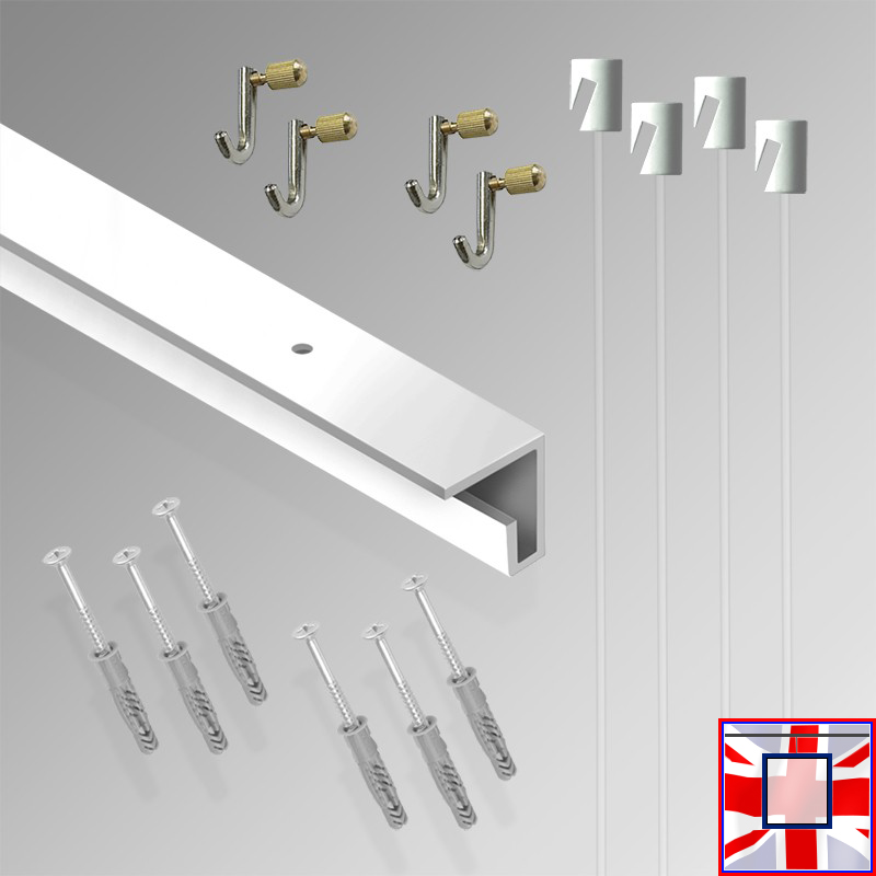 All-in-one' 2m C Rail Gallery System Kit, Track Set & Heavy Picture Hooks (Ceiling Hanging)