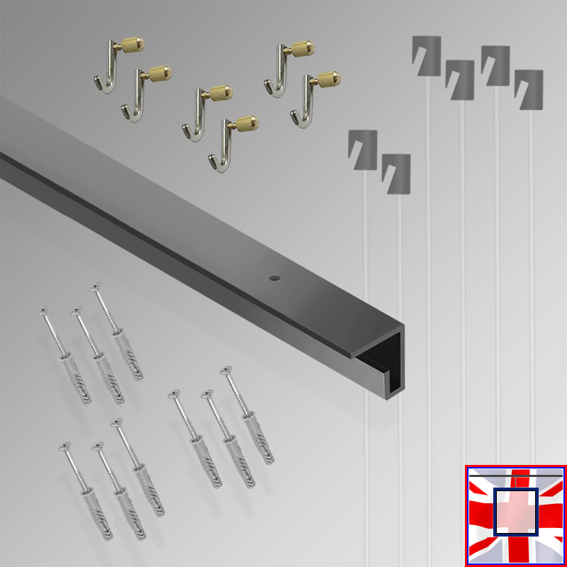 All-in-one' 3m C Rail Gallery System Set, Track Kit & Heavy Picture Hooks (Ceiling Hanging)