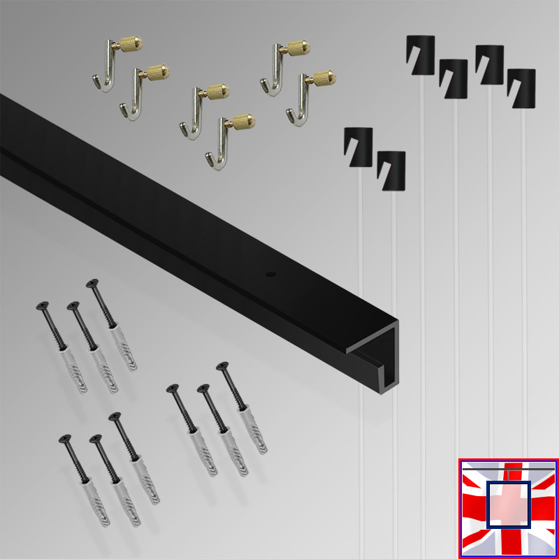 All-in-one' 3m C Rail Gallery System Set, Track Kit & Heavy Picture Hooks (Ceiling Hanging)