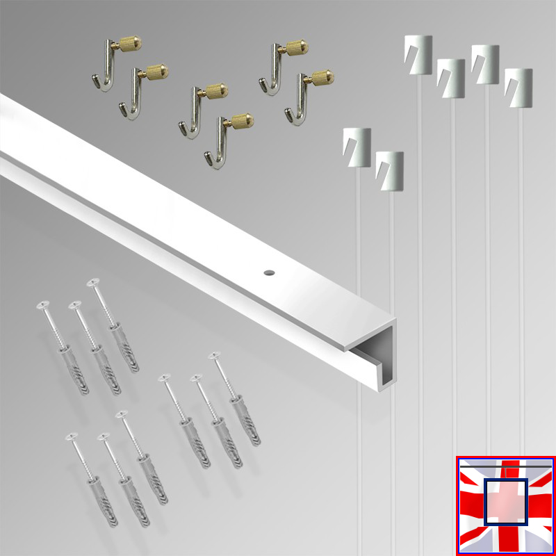 All-in-one' 3m C Rail Gallery System Set, Track Kit & Heavy Picture Hooks (Ceiling Hanging)