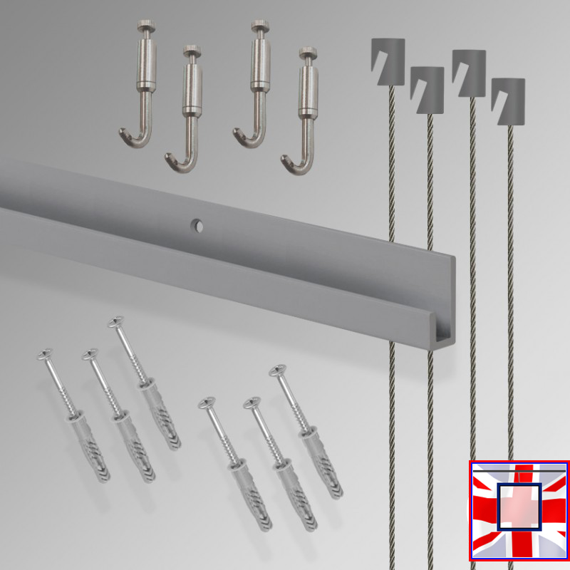 All-in-one' J Rail 2m Gallery System Kit, Heavy Duty Picture Hooks & Track Set (Wall Hanging)