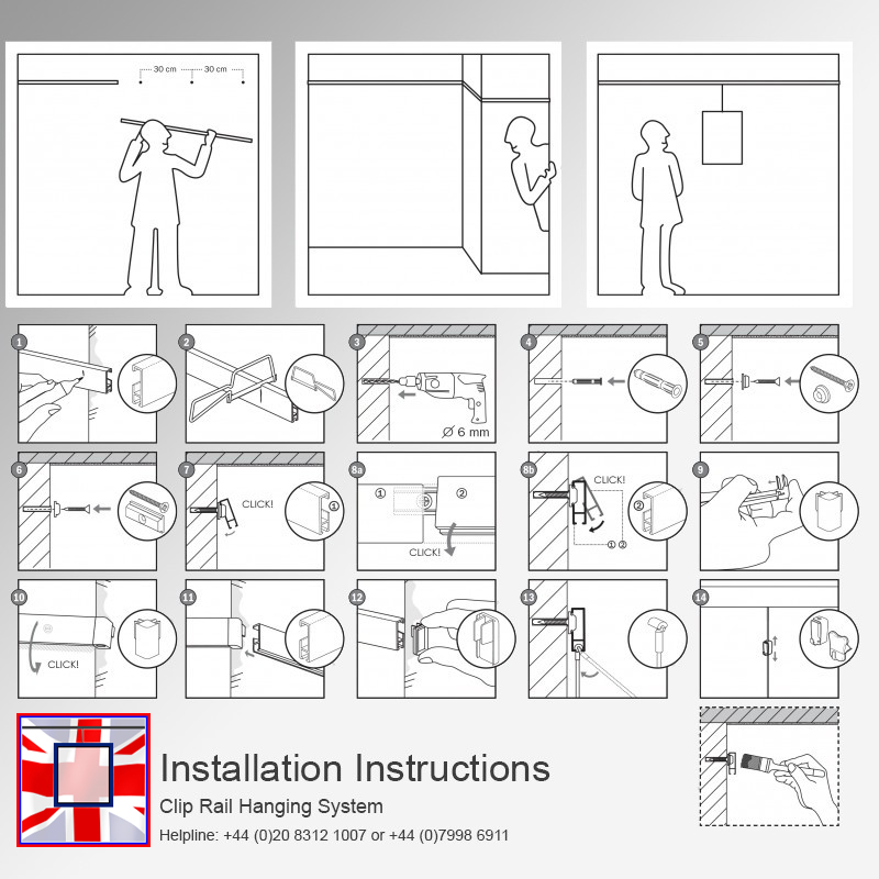 Heavy Duty All-in-one Hooks Rail Gallery Set Kit 2m Clip Picture Hanging System (Wall)