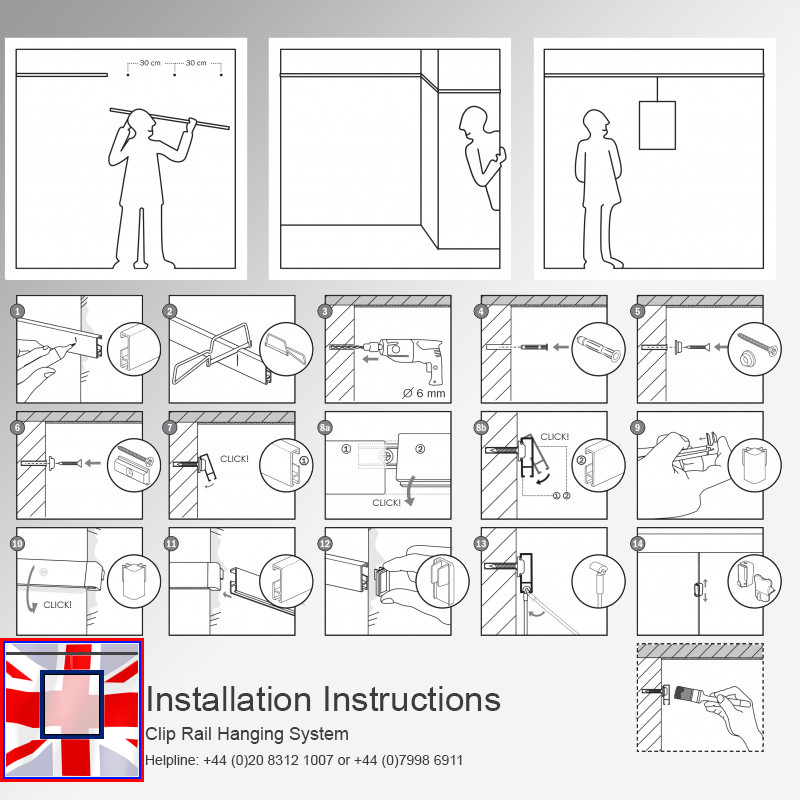 Heavy Duty All-in-one Gallery System Kit 3m Clip Rail & Hooks Set (Wall Hanging)