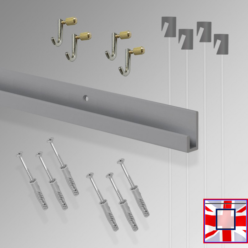 All-in-one' 2m J Rail Gallery System Kit, Wall Hanging Track & Heavy Duty Picture Hooks Set