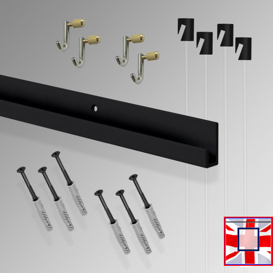 All-in-one' 2m J Rail Gallery System Kit, Wall Hanging Track & Heavy Duty Picture Hooks Set