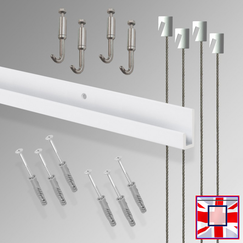 All-in-one' 2m J Rail Gallery System Kit, Wall Hanging Track & Heavy Duty Picture Hooks Set