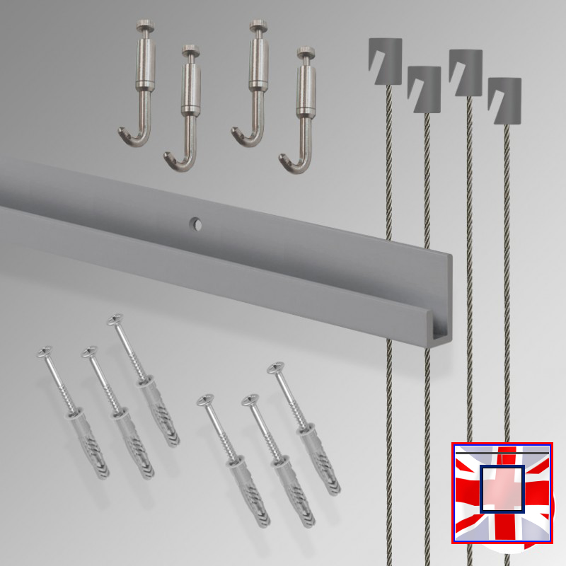 All-in-one' 2m J Rail Gallery System Kit, Wall Hanging Track & Heavy Duty Picture Hooks Set