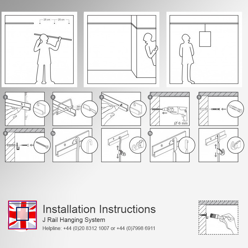 All-in-one' 2m J Rail Gallery System Kit, Wall Hanging Track & Heavy Duty Picture Hooks Set