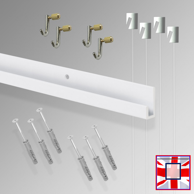 All-in-one' 2m J Rail Gallery System Kit, Wall Hanging Track & Heavy Duty Picture Hooks Set