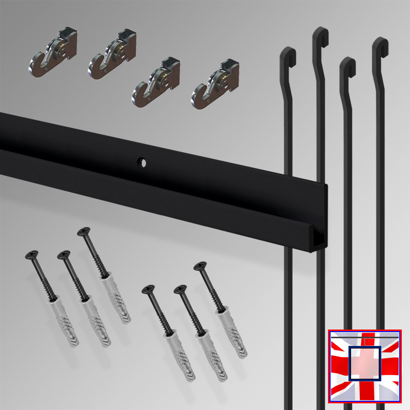 All-in-One' HD J Rail 2m Gallery System Set, Heavy Duty Track Kit & Picture Hanging Rods (Wall Hanging)