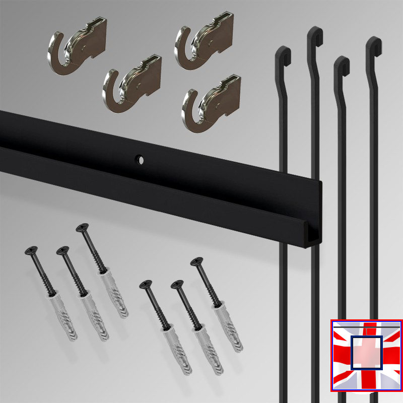 All-in-One' HD J Rail 2m Gallery System Set, Heavy Duty Track Kit & Picture Hanging Rods (Wall Hanging)
