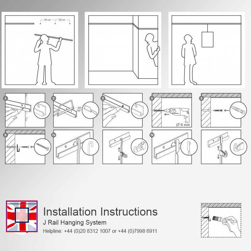 All-in-One' HD J Rail 2m Gallery System Set, Heavy Duty Track Kit & Picture Hanging Rods (Wall Hanging)