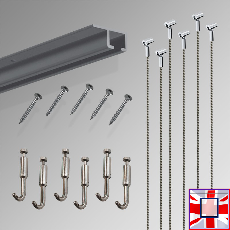 All-in-one' 3m U Rail Gallery System Set, Track Kit & Picture Hooks (Ceiling Hanging)