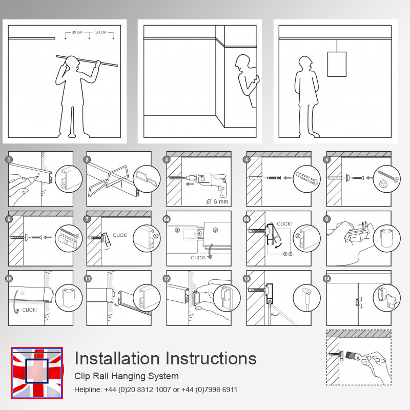 2m 'All-in-one' Clip Rail Gallery System Kit, Wall Hanging Picture Rail & Hooks Set