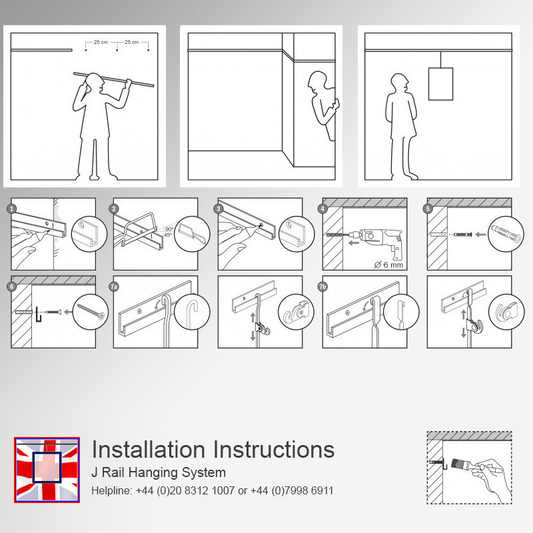 All-in-one' J Rail 2m Gallery System Kit, Heavy Duty Picture Hooks & Track Set (Wall Hanging)