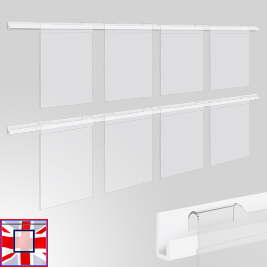 J Rail 2m Picture Rail Set, Acrylic Pockets & Poster Display Kit (Ideal for Retail Displays)