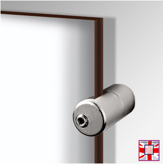 Brass mirror wall support clamp with polished chrome finish, designed for mounting glass, wooden panels, and acrylic perspex up to 8mm thickness, with silicone-tipped bolts for firm grip