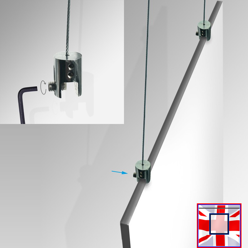 2m Ceiling Cable & Clamp Set – For Suspending Screens, Signs, Banners, Wood & Glass Panels