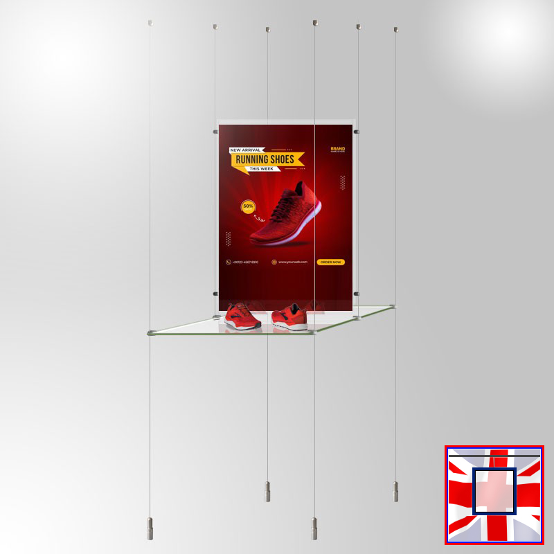 Glass Shelving Display with A2 Poster – Double-Sided Retail Unit