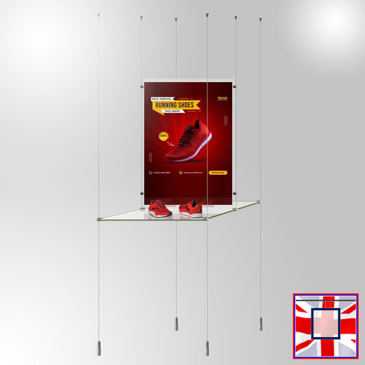 Glass Shelving Display with A2 Poster – Double-Sided Retail Unit
