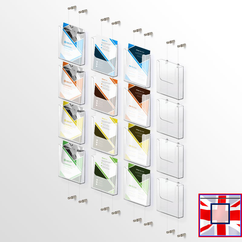 Wall-Mounted Leaflet Dispenser Kit  A4 A5 DL Brochure Holder (Cable Display System)